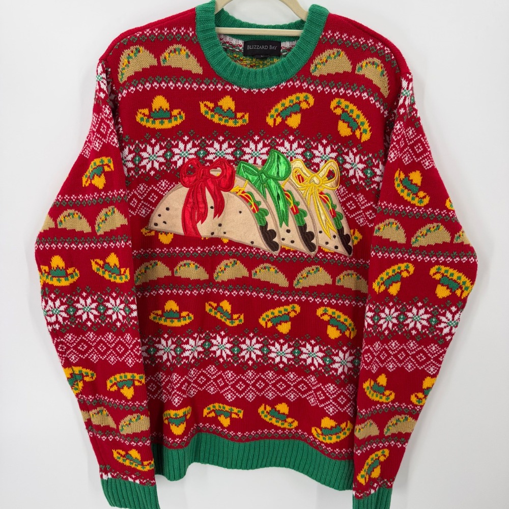 Blizzard Bay Taco Christmas Sweater Size L Red Green Ugly Holiday Novelty